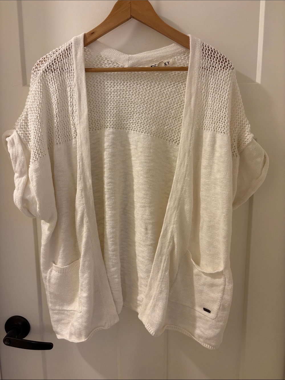 Roxy Open-Front White open Knit Cardigan with Pockets